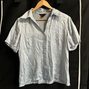 100% silk light blue short sleeve button up blouse Simon Chang